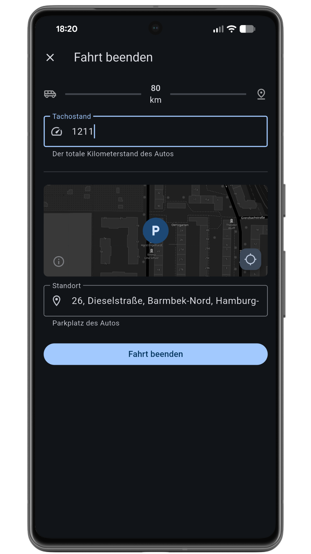 ShareMyCar Ansicht zum Beenden einer Fahrt